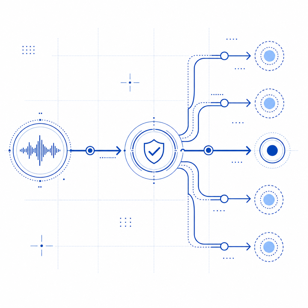 abstract flow showing audio challenge input, verification path, and fallback bra