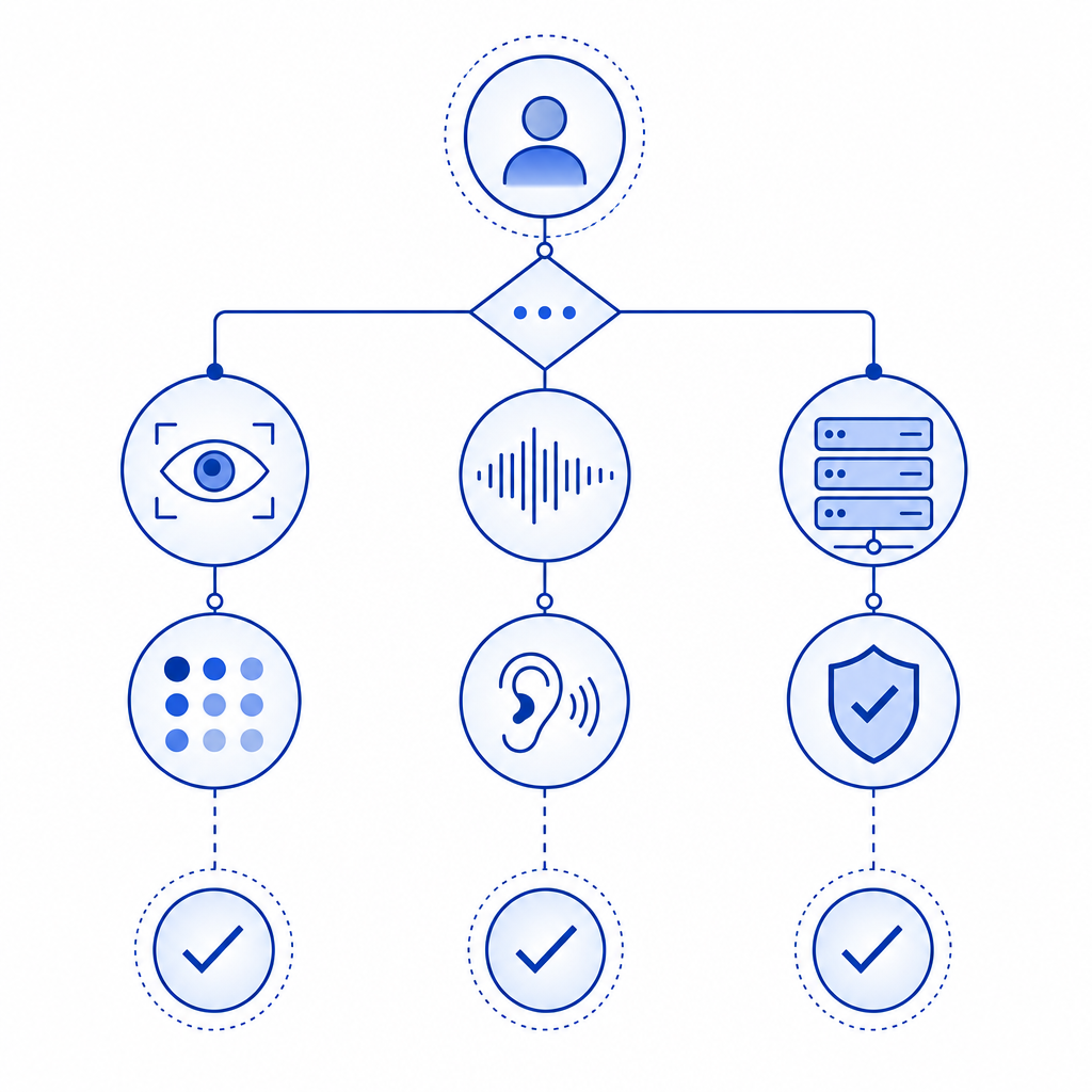abstract decision tree contrasting visual challenge, audio fallback, and server 