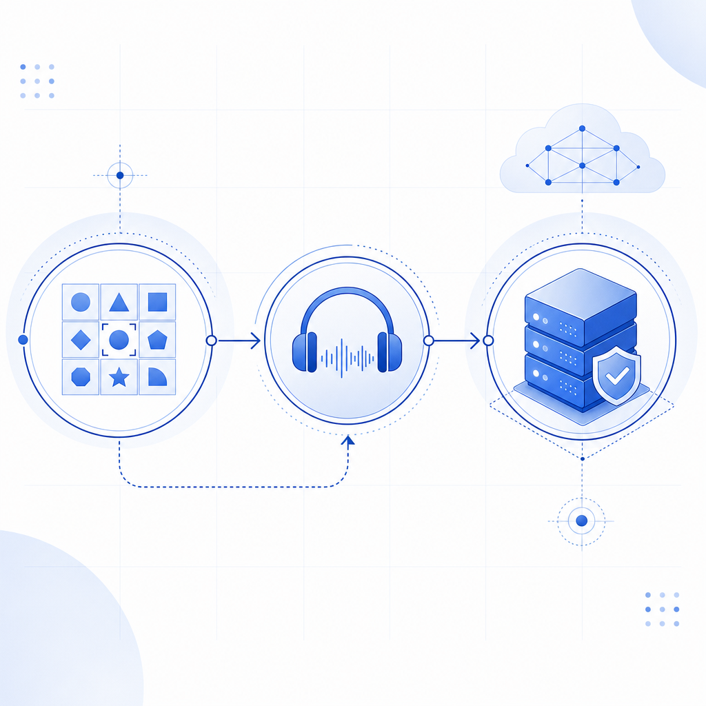abstract flow showing visual challenge branching into audio fallback and server 