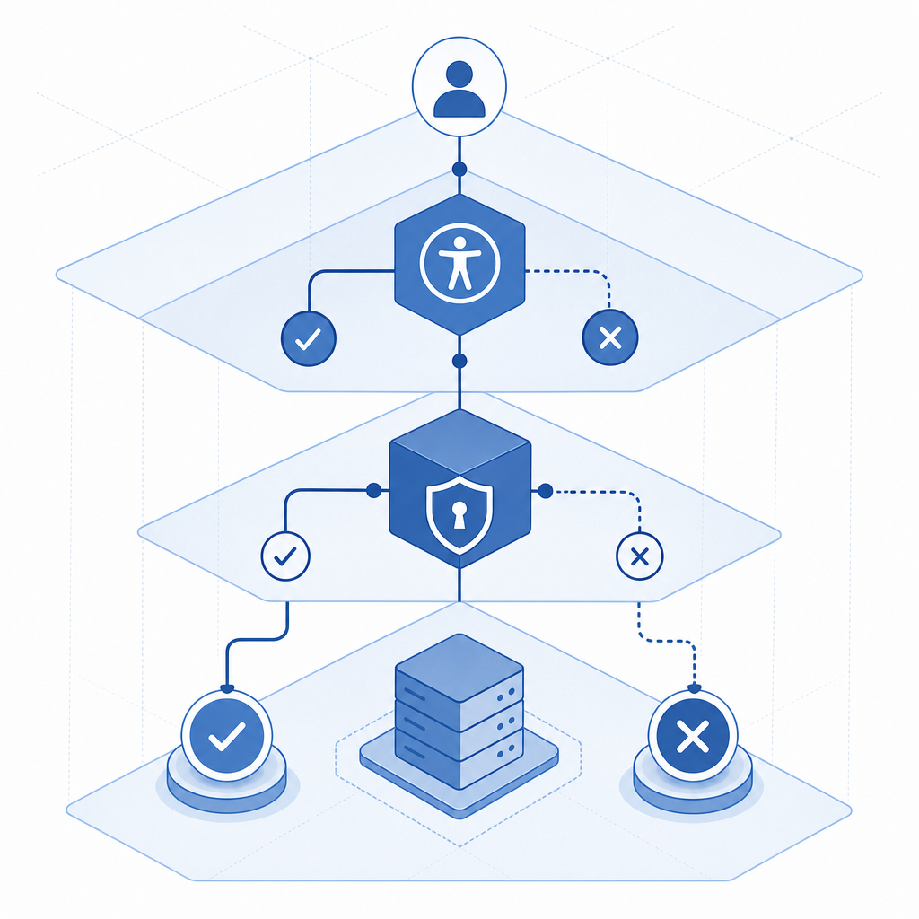 abstract layered decision tree with accessibility branch, token validation node,
