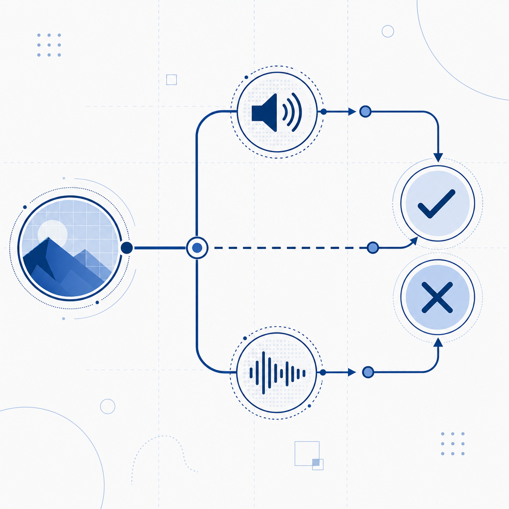 abstract flow of visual challenge branching into audio alternative and pass/fail