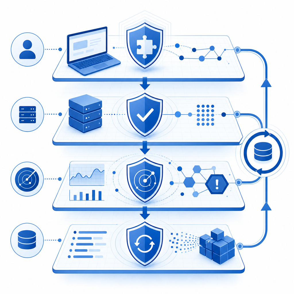 layered defense diagram showing client challenge, server validation, risk signal