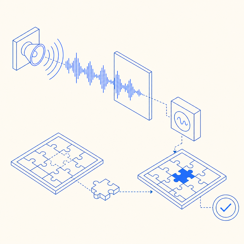 abstract diagram showing audio waves and puzzle pieces representing captcha veri