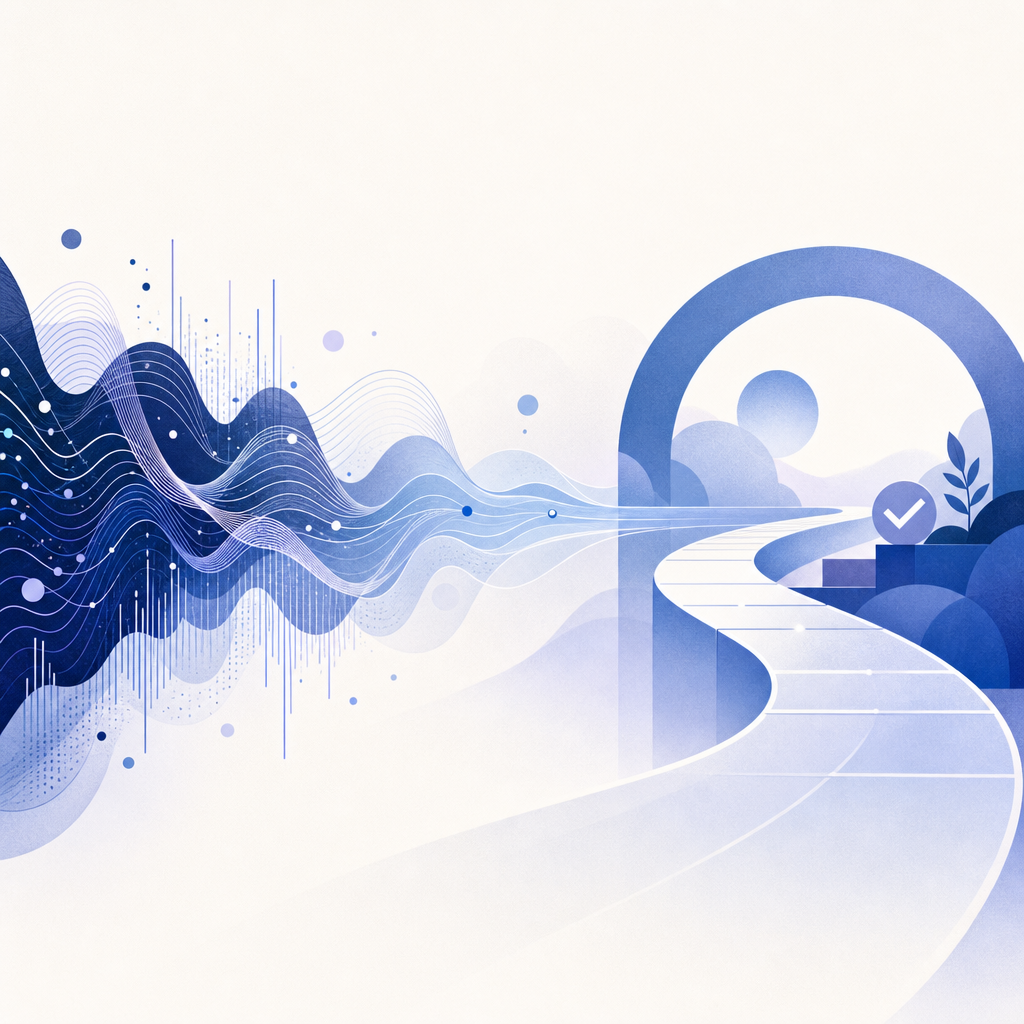 abstract flow of sound waves turning into a calm verification path, no text in i