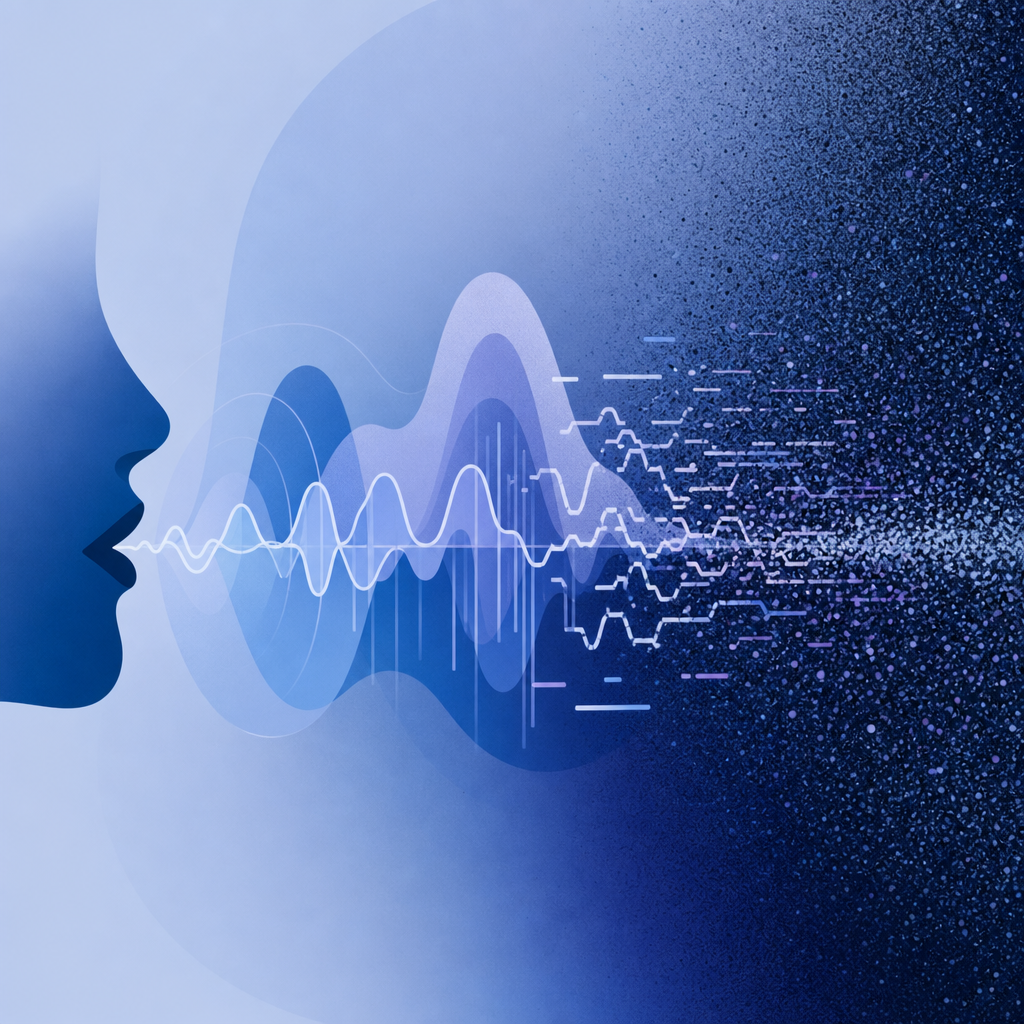 abstract diagram showing audio waves with distorted speech blending into noise