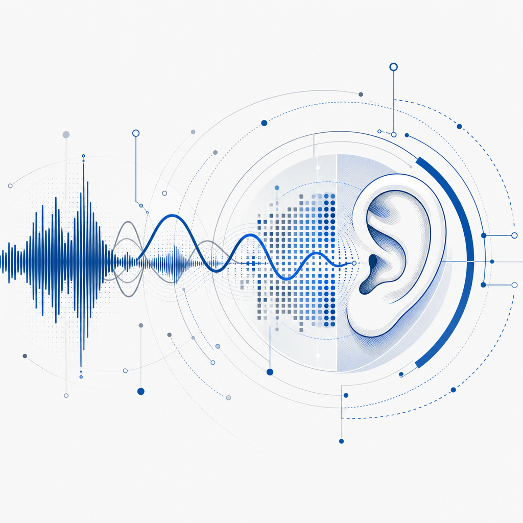 abstract diagram of audio waves with human ear symbolizing audio captcha testing