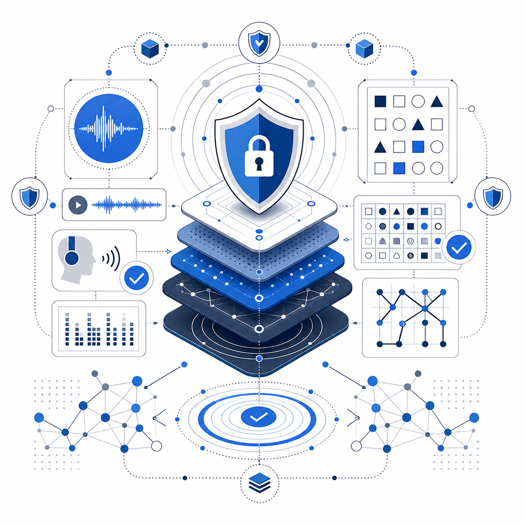 conceptual schematic showing layered security with audio and visual captcha comp
