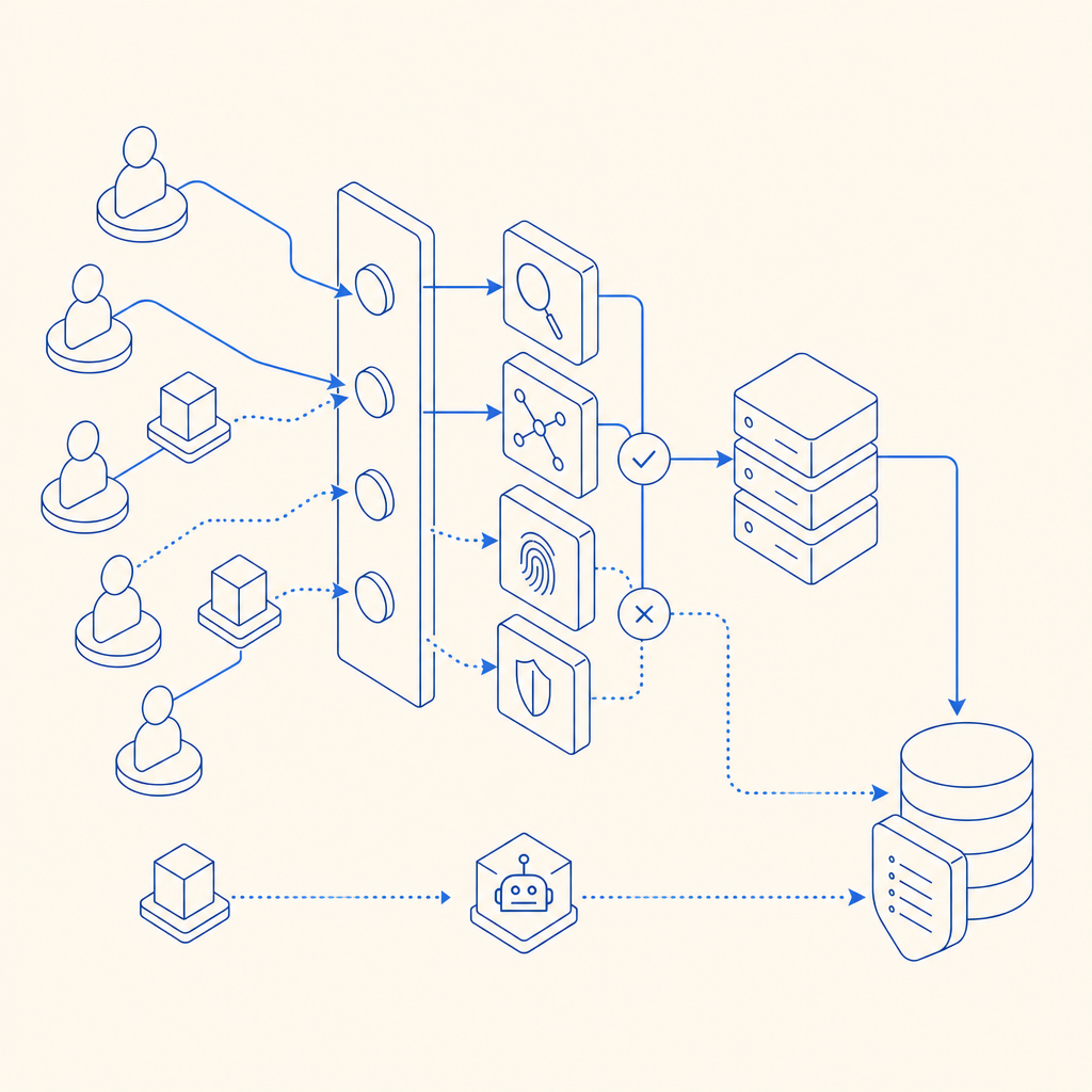 abstract diagram showing bot detection data flow from users to logs