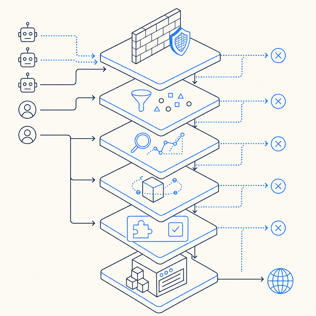 diagram showing multi-layer bot defense including Auth0 detection and CAPTCHA