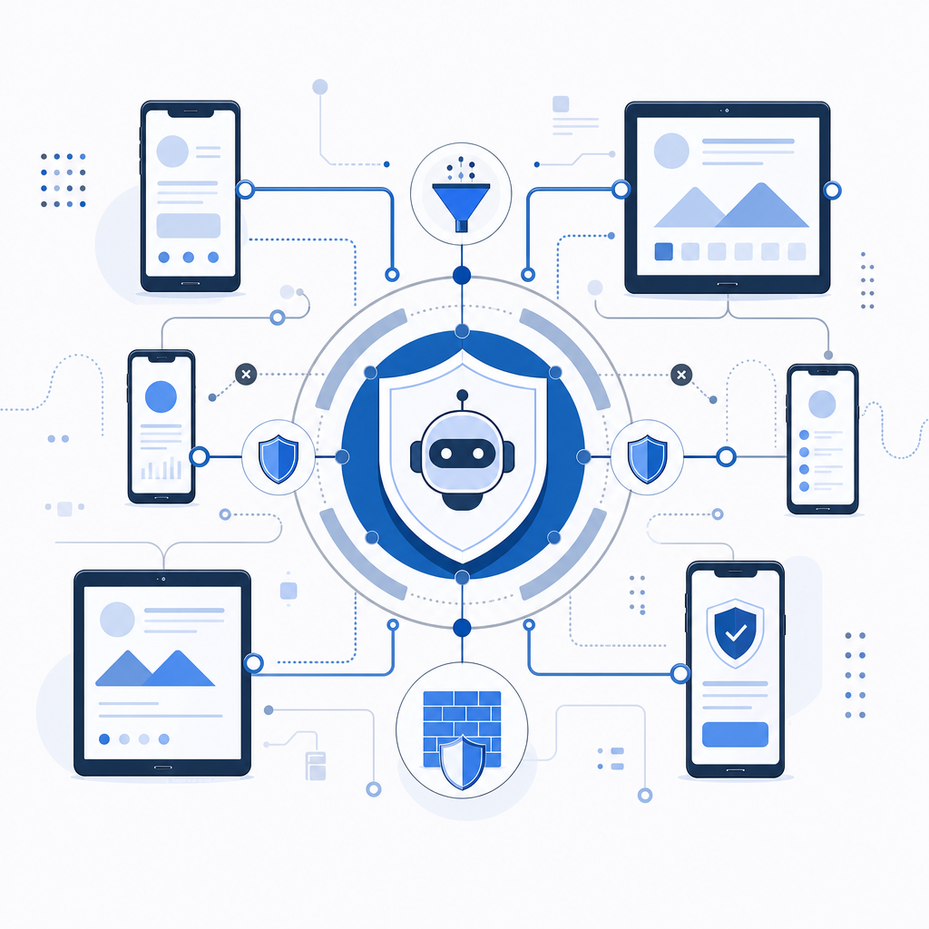 abstract diagram of mobile devices connected to bot defense system