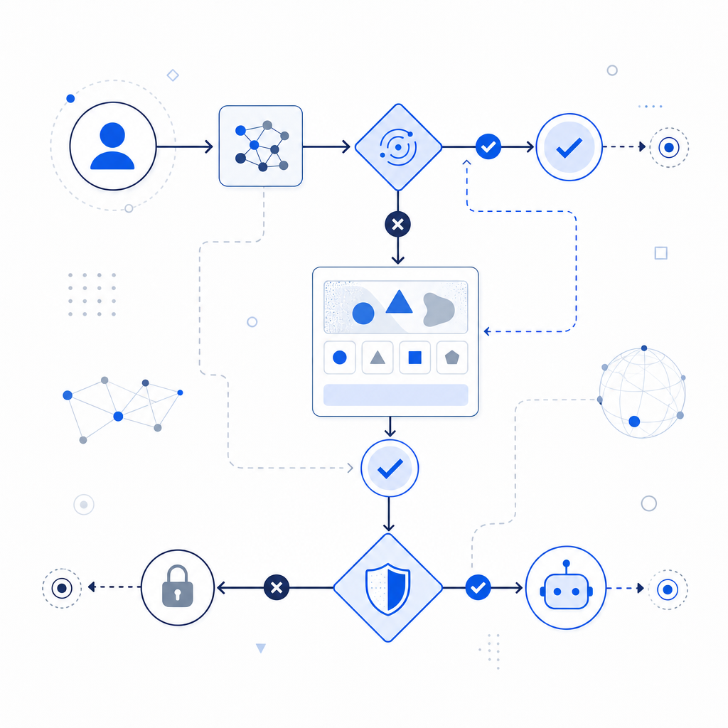 abstract flowchart of automated CAPTCHA decision and verification process