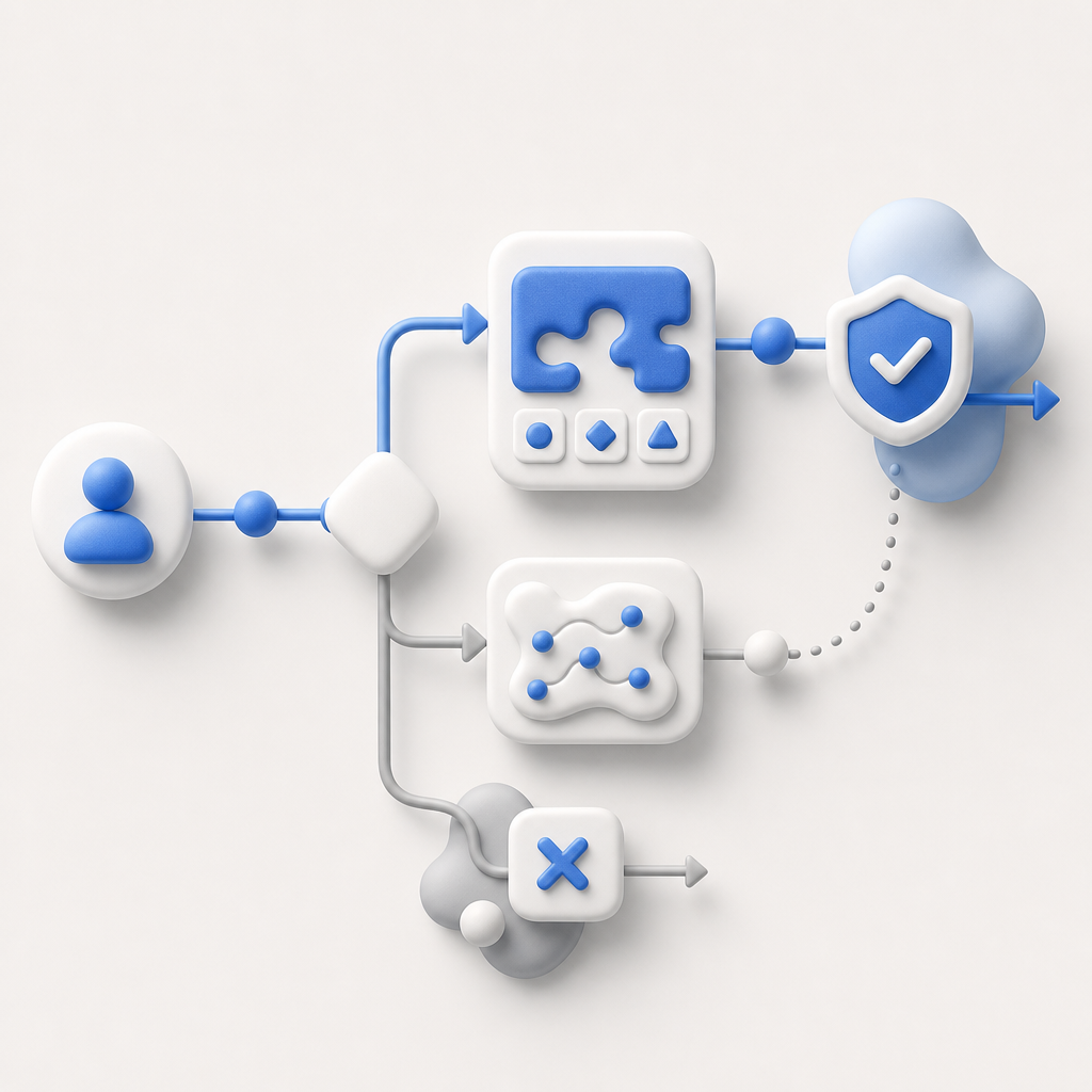 abstract diagram of user flow with dynamic captcha challenge decision-making