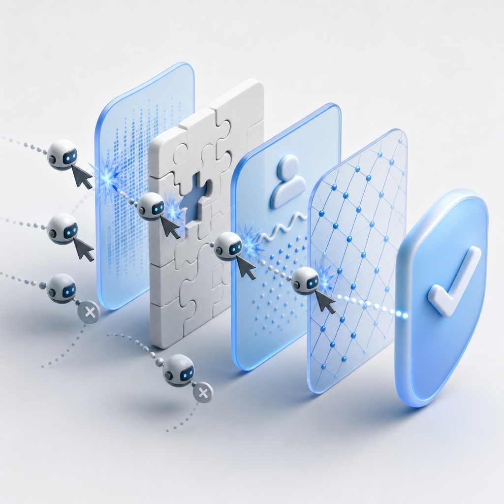 abstract diagram illustrating layered CAPTCHA defenses blocking auto click bots