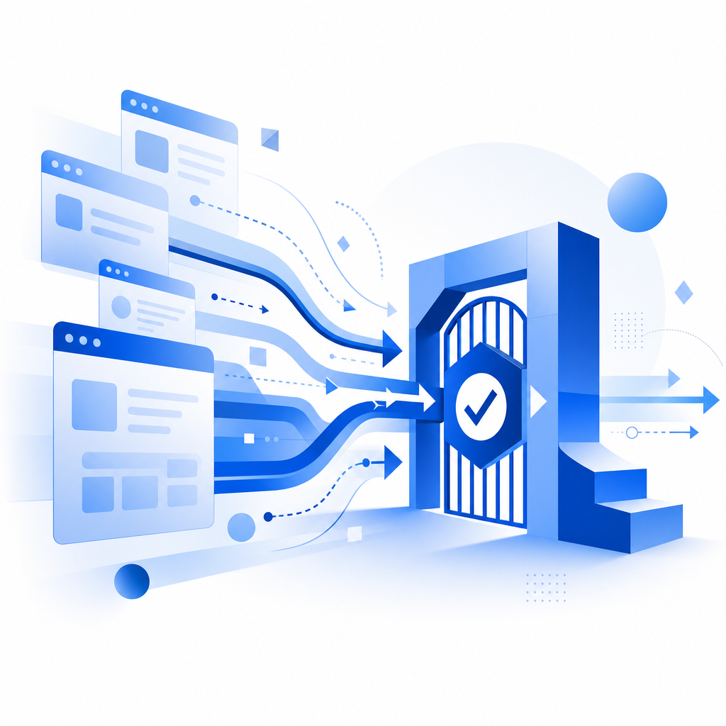 abstract browser flow with automation arrows hitting a verification gate
