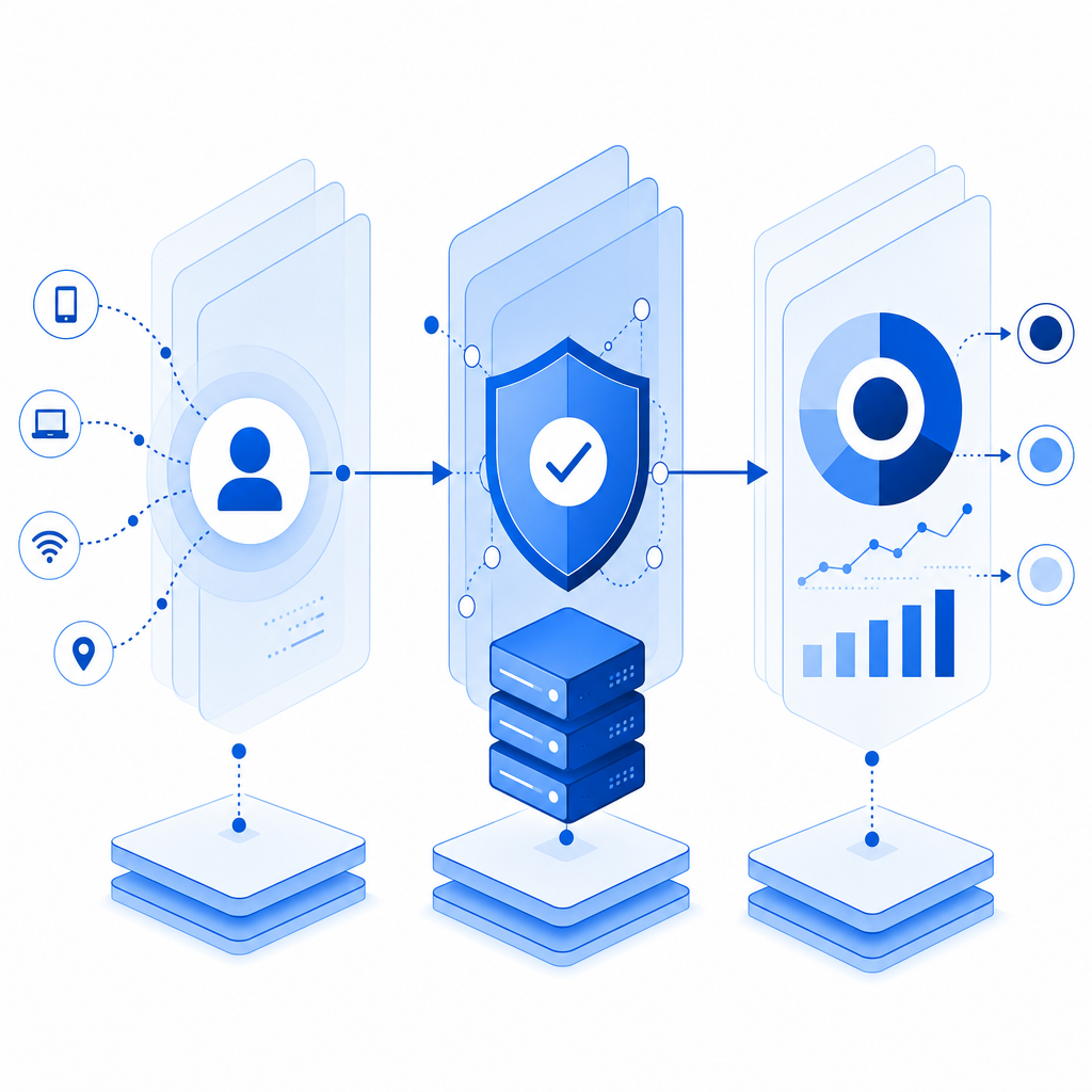 layered defense diagram with client signal, server validation, and risk scoring