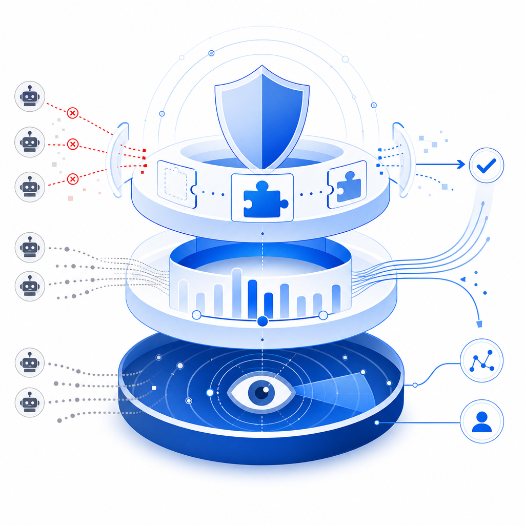 diagram showing layered bot defense combining CAPTCHA, rate-limiting, and behavi