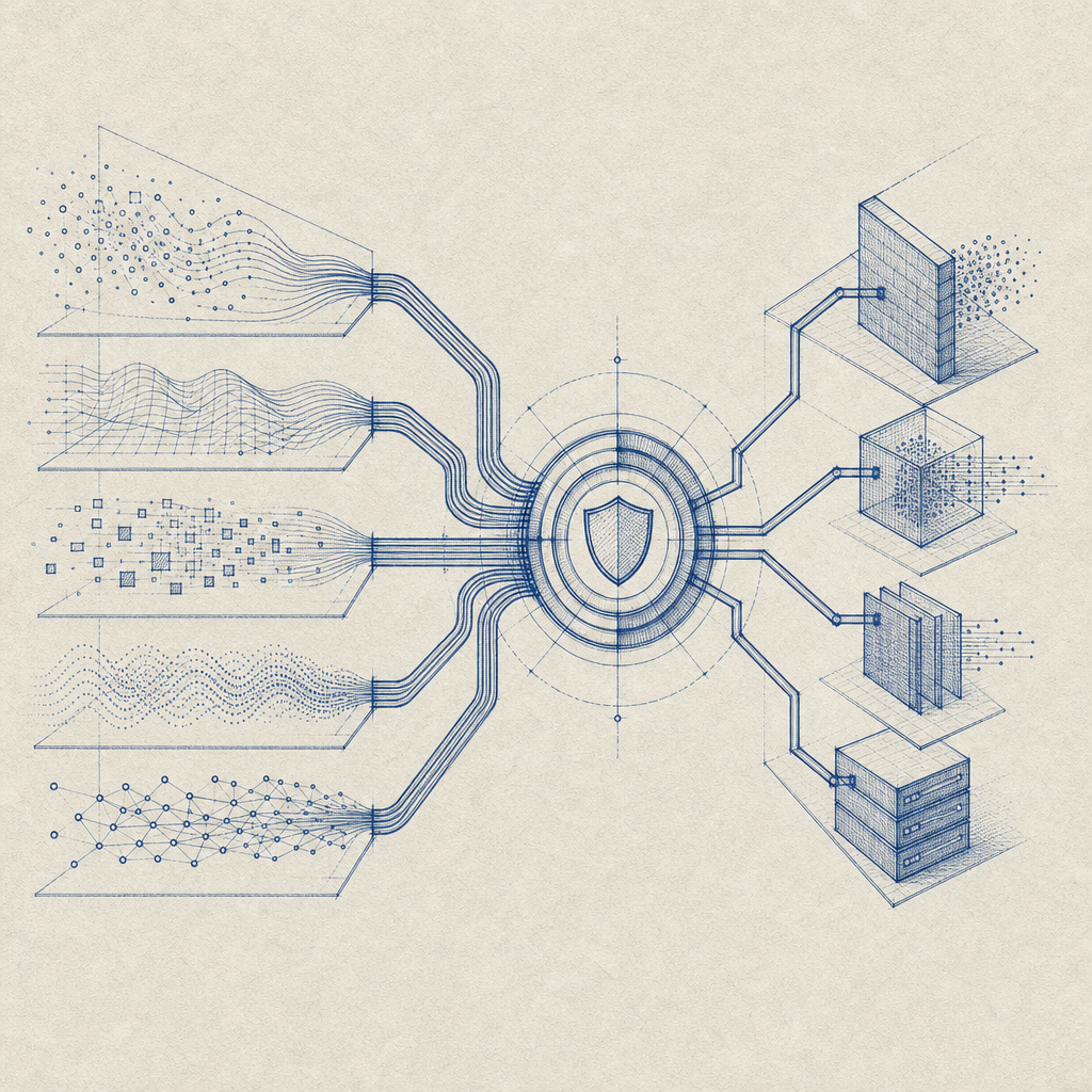 layered security diagram with risk signals feeding a decision node