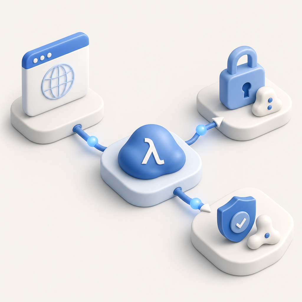 abstract architecture diagram showing browser, lambda/API layer, secrets manager