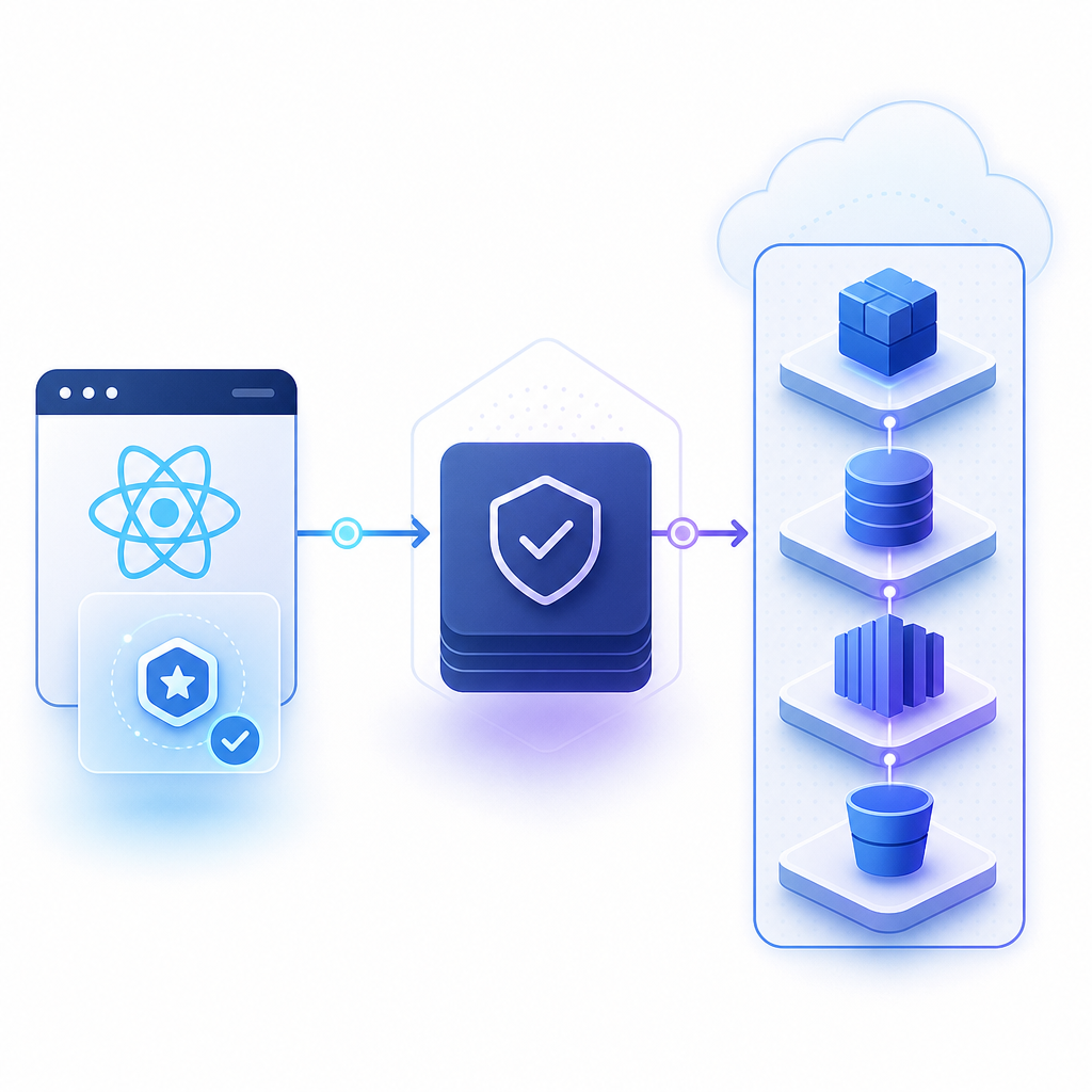 flow diagram of react frontend token collection, backend validation, and AWS ser