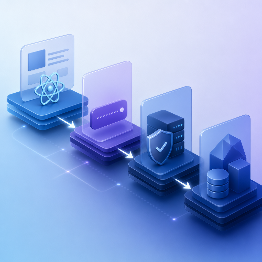 layered architecture showing React app, token, server verification, and protecte