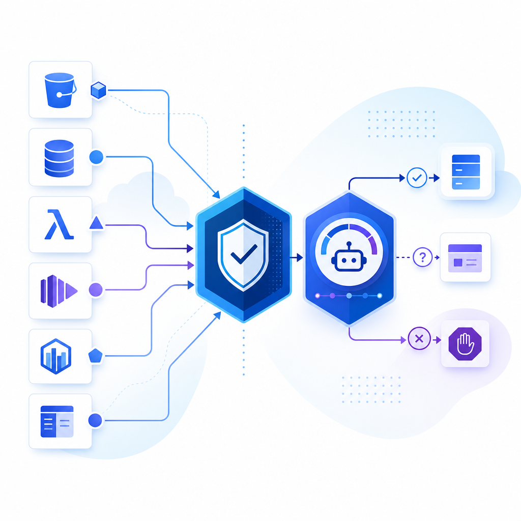 abstract diagram showing AWS services feeding a validation gateway and bot score