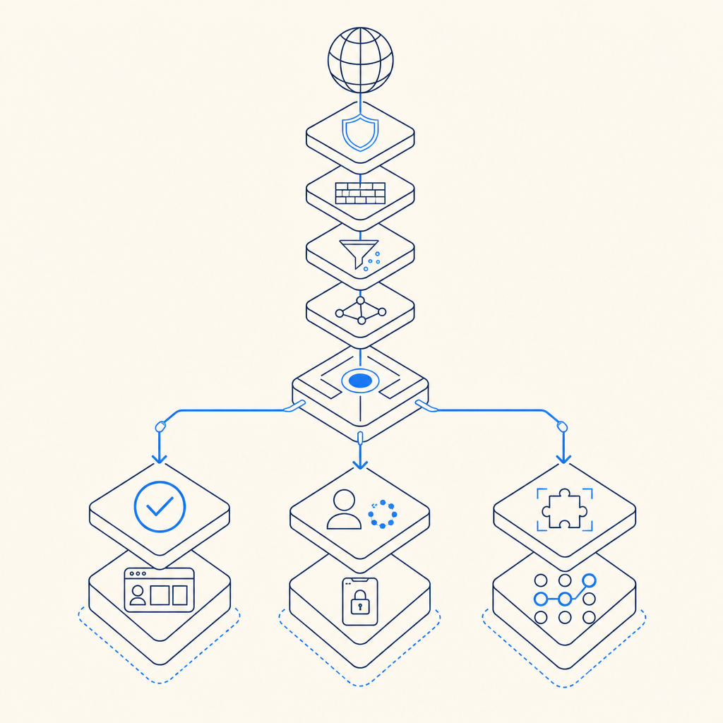 layered security stack diagram with allow, challenge, and captcha branches