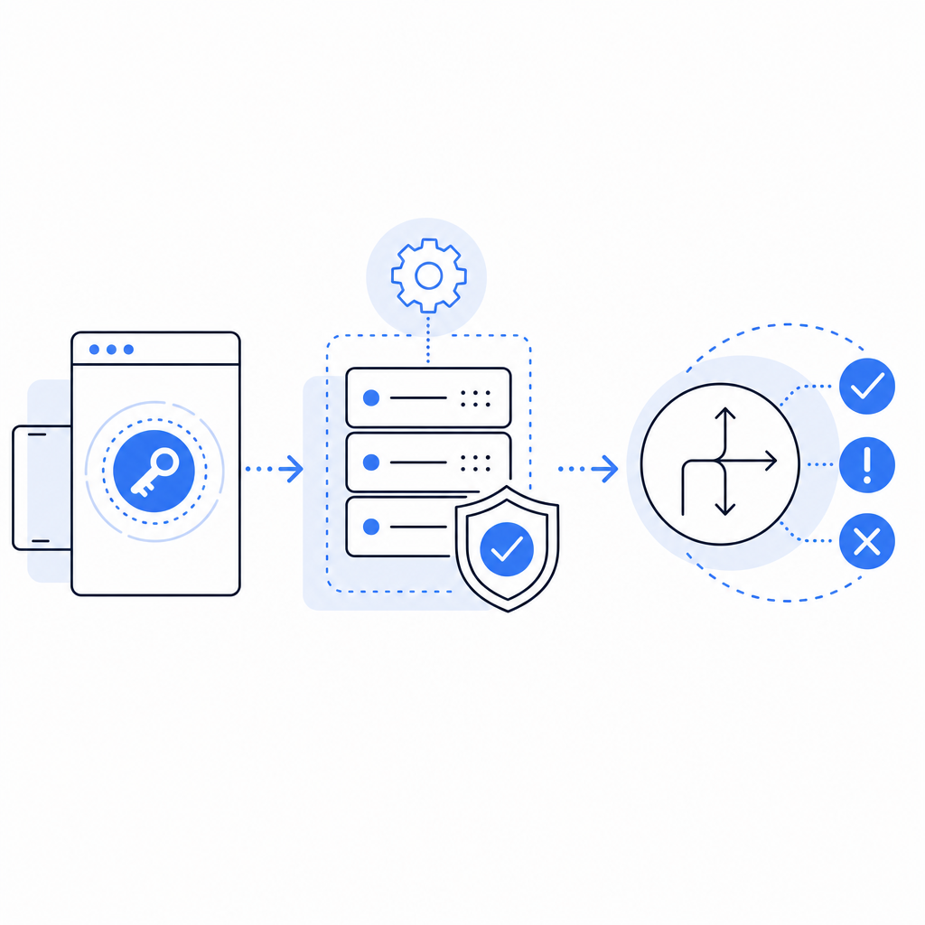 layered flow showing client token, server validation, and risk decision