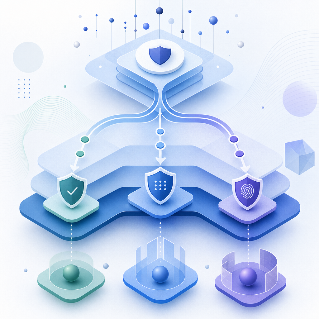 layered bot-defense decision flow with low-risk pass, medium-risk friction, high