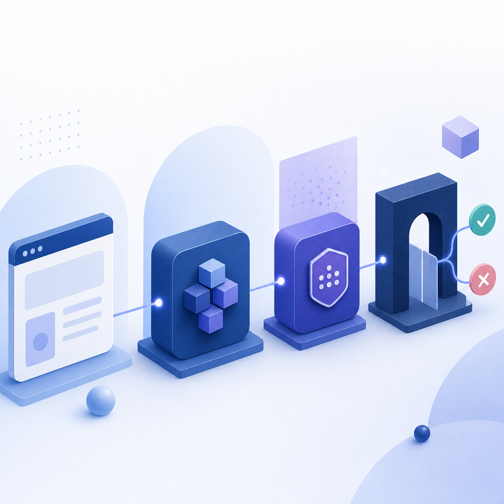 abstract architecture diagram showing browser, AWS app, validation API, and deci