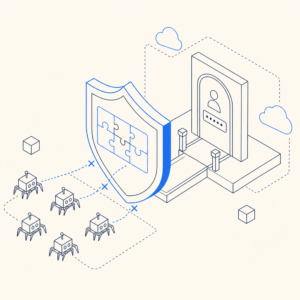 schematic showing AWS login protected by a CAPTCHA shield blocking bots