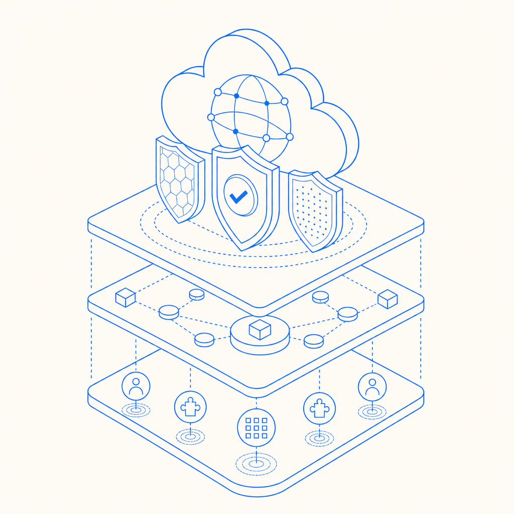abstract image representing layered cloud security with CAPTCHA defense