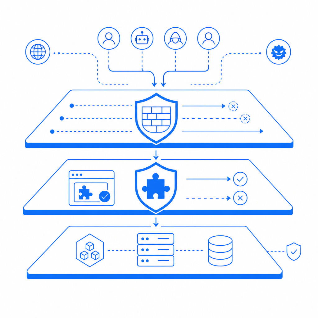 Layered architecture visual showing AWS WAF and third-party CAPTCHA integration