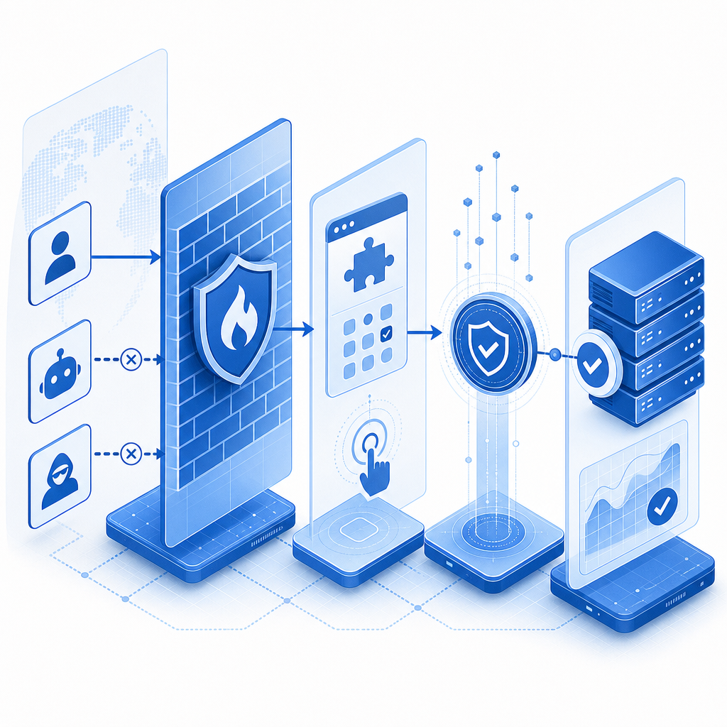layered edge security flow showing WAF, challenge, token, and server validation