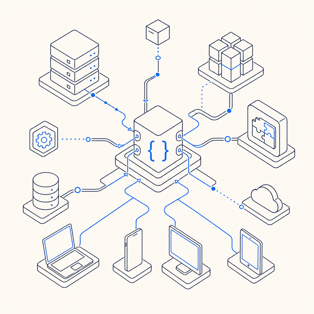 abstract depiction of API flow and cross-platform SDK connectivity