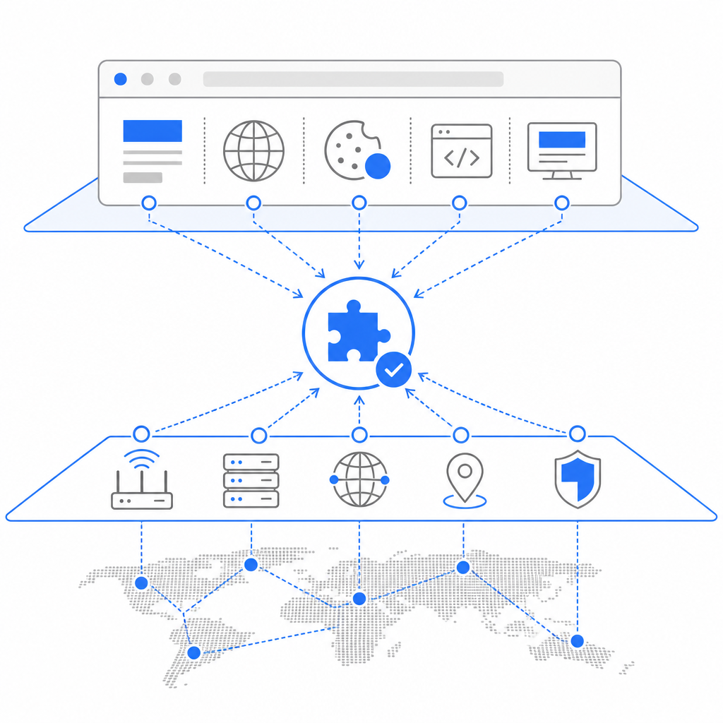 abstract diagram showing browser and network layers affecting CAPTCHA