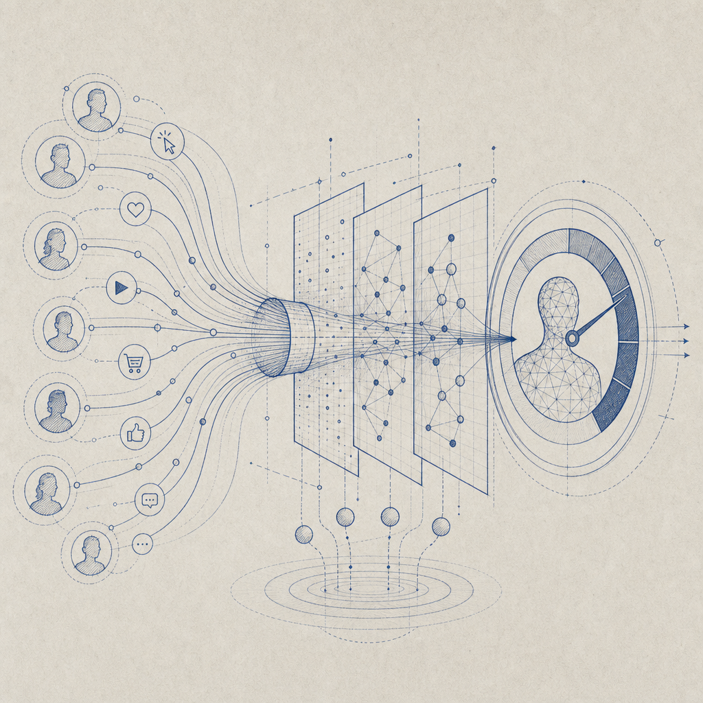 abstract diagram showing flow of user interactions into behavior scoring system