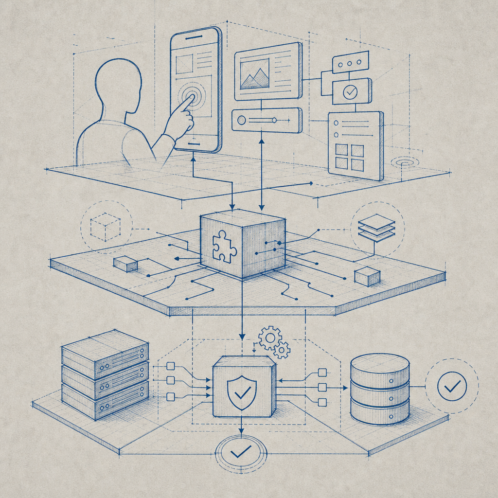 conceptual layers showing user interactions, SDK integration, server-side valida