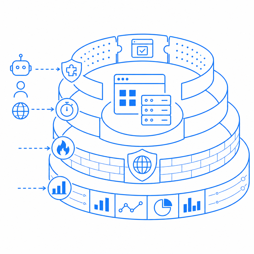 layered defense diagram with captcha, rate limit, WAF, and telemetry