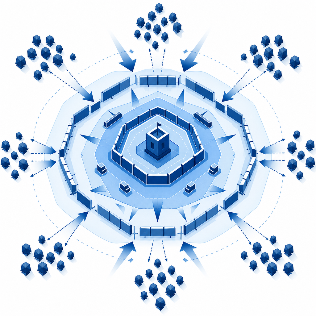 abstract loadout map showing layered defense against clustered enemies