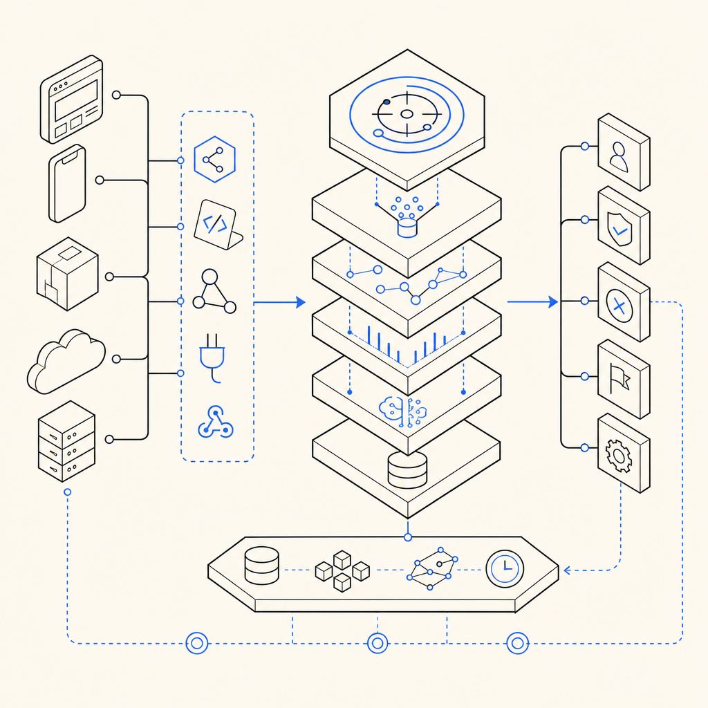 abstract diagram showing integration options and technology layers for bot detec