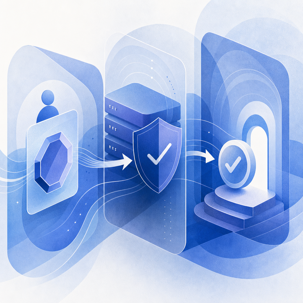 abstract layered security diagram showing client token, server validation, and a