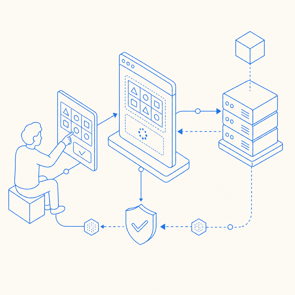 abstract diagram illustrating CAPTCHA data flow between user, client, and server