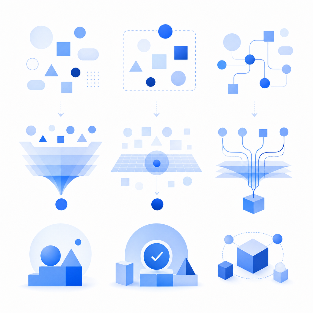 abstract comparison grid of usability, validation, and integration paths