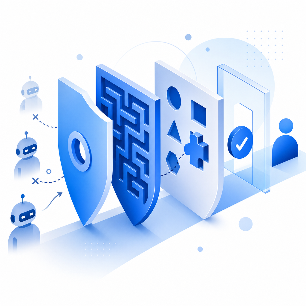 conceptual illustration of layered bot defense with captcha challenge