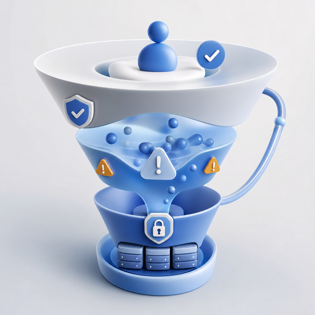 layered security funnel showing low-friction pass, risk escalation, and server v