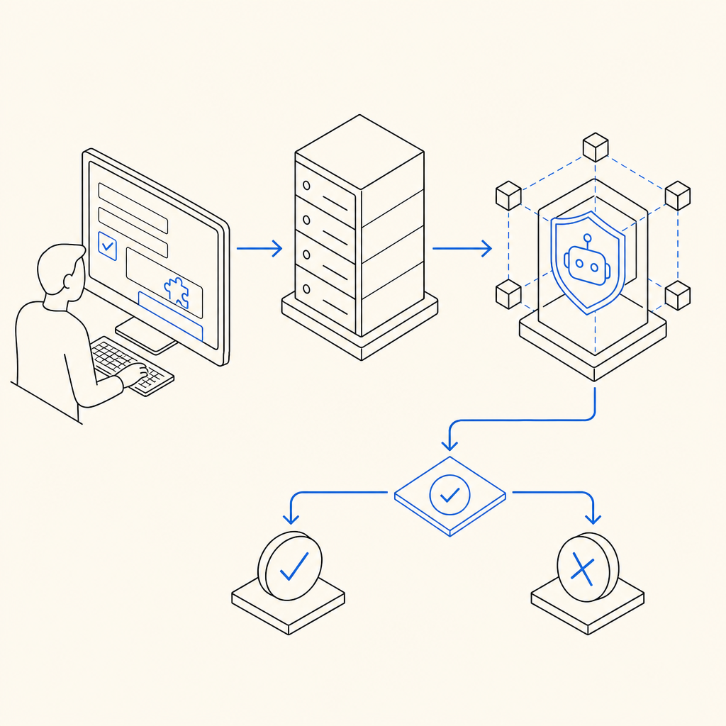 conceptual flow of captcha validation from user to server to bot-defense system