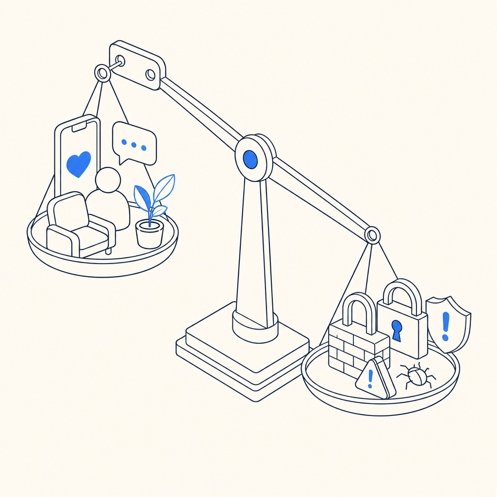 conceptual visualization of balance scale tipped between user experience and sec
