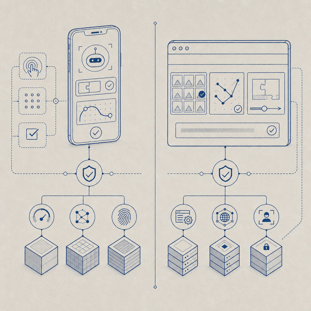 abstract diagram comparing CAPTCHA solutions for mobile and web integration