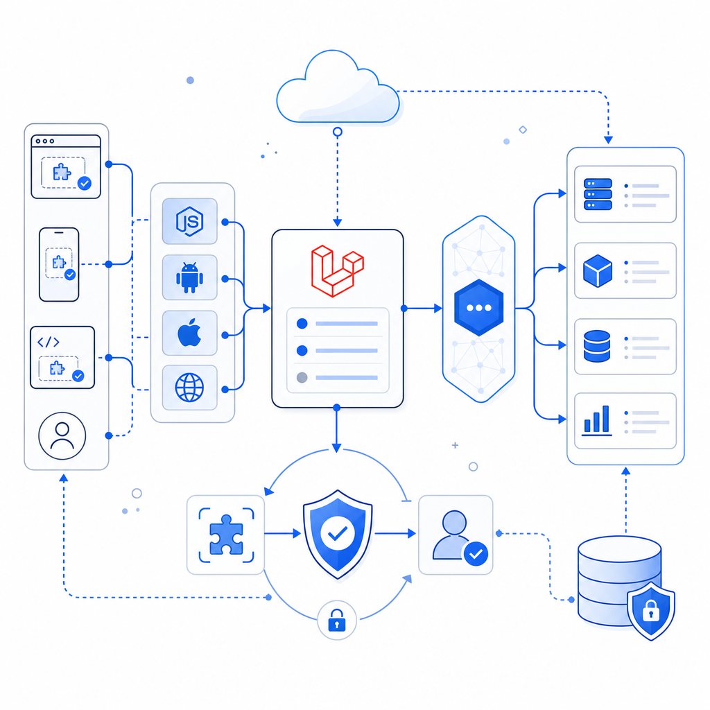 abstract diagram showing Laravel integration flow with captcha SDKs and APIs