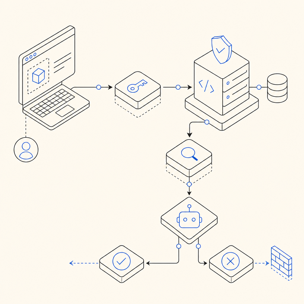abstract flow showing Next.js client, token, backend validation, and bot-defense